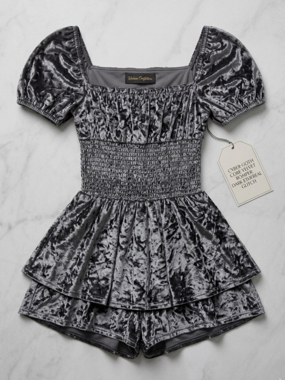 Urban Outfitters Rosie Crushed Velvet Romper XS Grey Milkmaid Puff Sleeve Goth